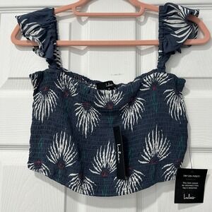 NWT Lulu's Women's Navy Blue Floral Print Smocked Crop Tank Top Size‎ Medium NEW